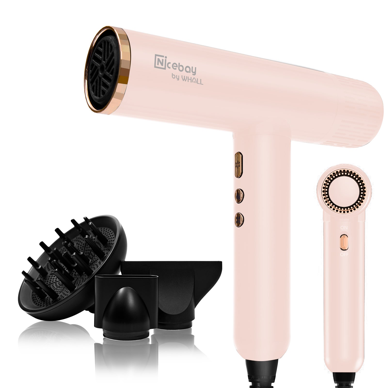 NICEBAY® Hair Dryer-Pink, Professional Blow Dryer with 3 Attachments,  110000RPM High-Speed Brushless Motor for Fast Drying, Lightweight, Low  Noise, 