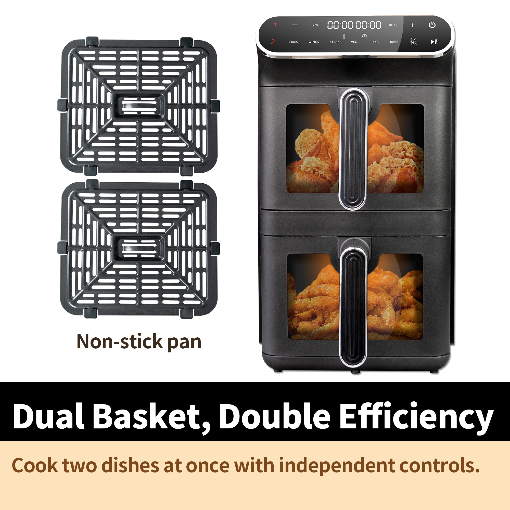 WHALL 11L Dual Basket Air Fryer – Independent Cook, Visible Windows, One-Touch Smart Control