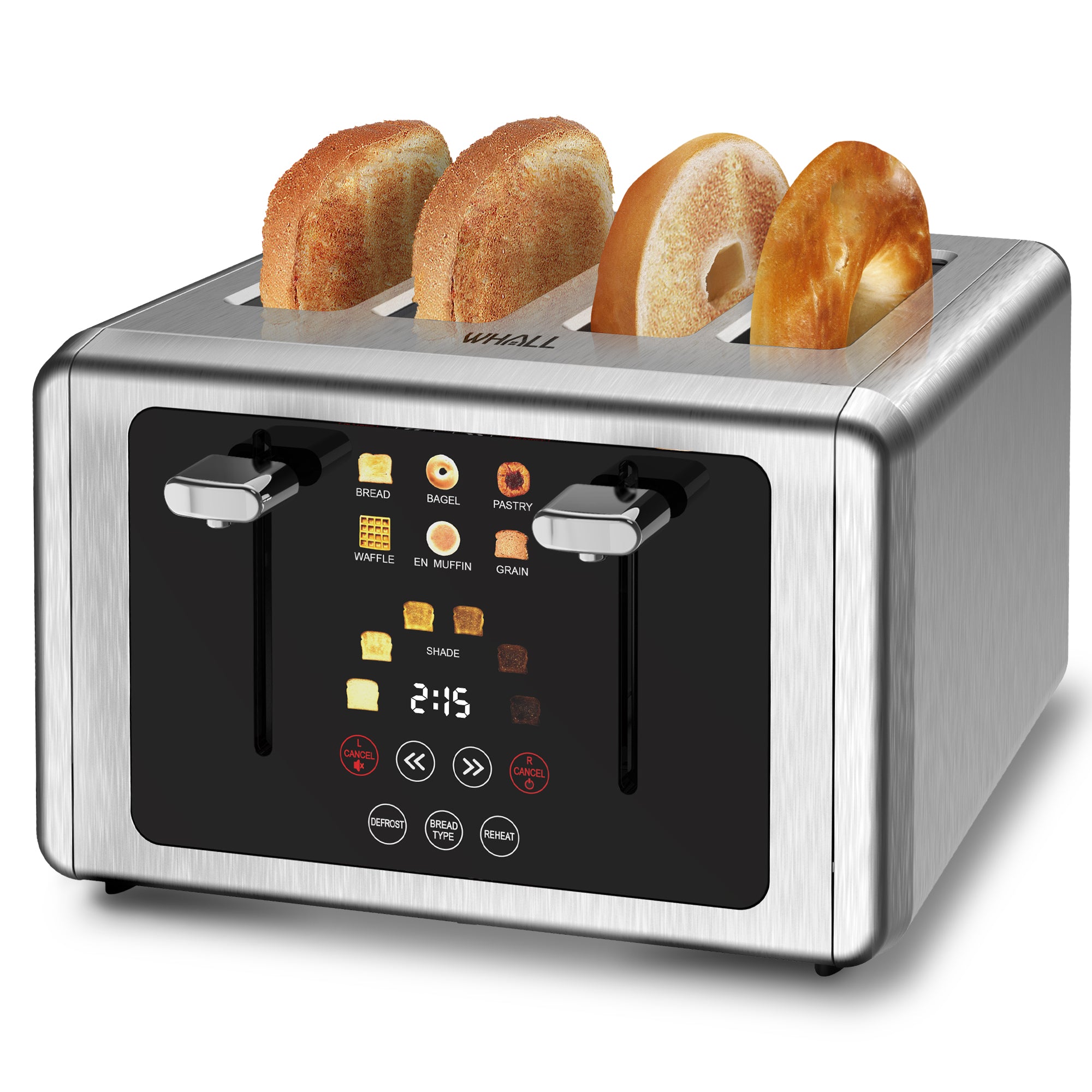 WHALL® Touch Screen Toaster 4 Slice | Stainless Steel, Digital Timer, Sound | 6 Bread Types & Shades