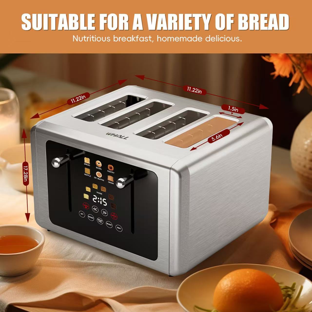 WHALL® Touch Screen Toaster 2 Slice | Stainless Steel, Digital Timer, Sound | 6 Bread Types & Shades