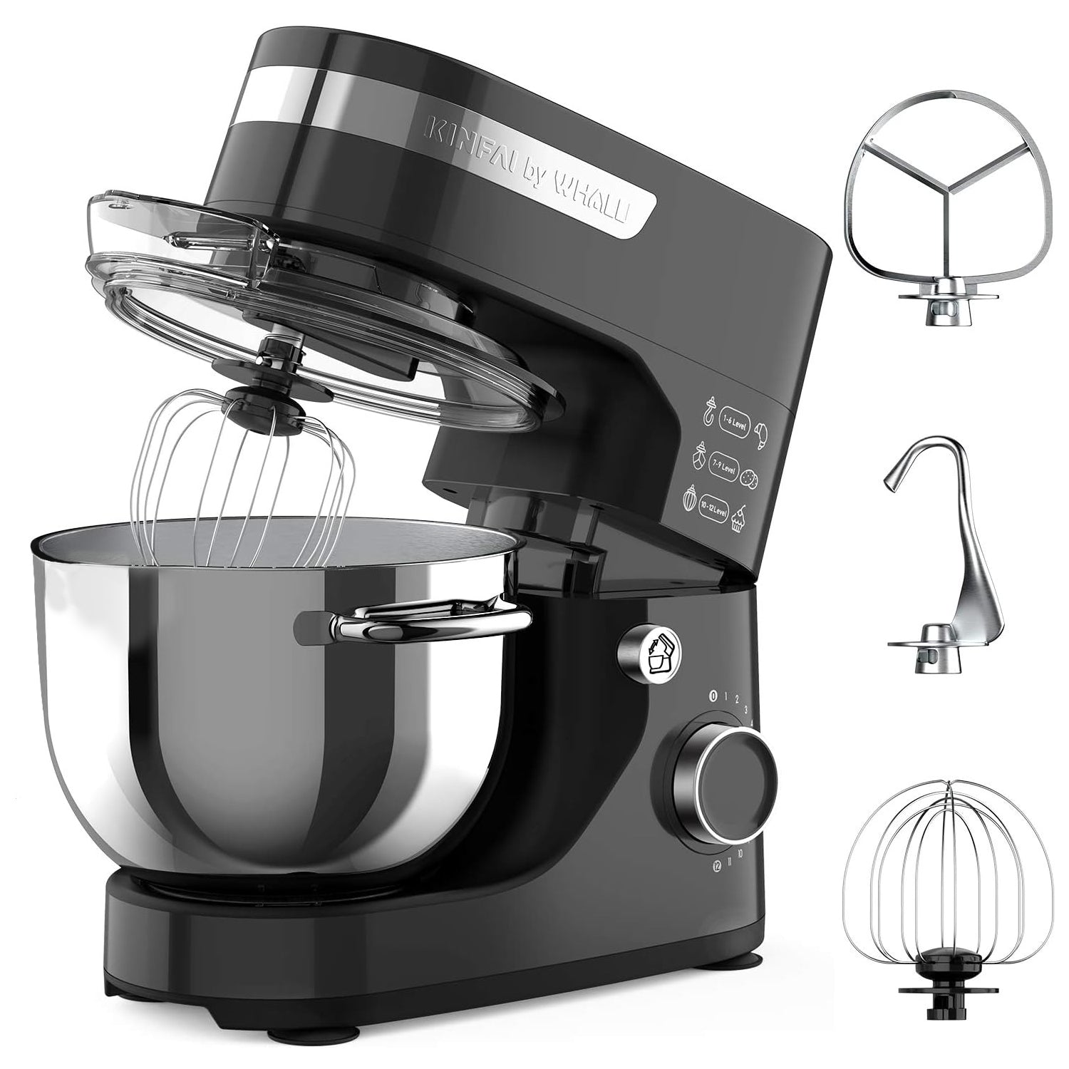 WHALL® Stand Mixer - 5.5Qt 12-Speed Tilt-Head Electric Kitchen Mixer with Dough Hook/Wire Whip/Beater, Stainless Steel Bowl (black)