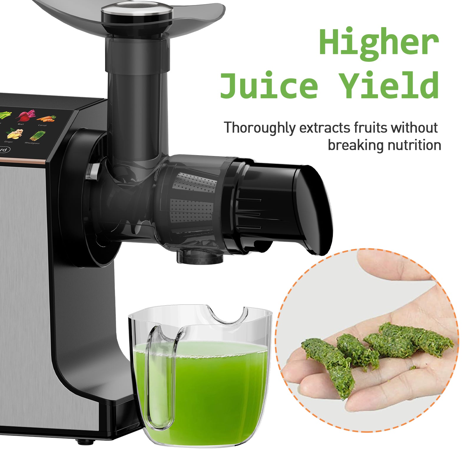 WHALL® Masticating Slow Juicer –Stainless Steel, Touchscreen with 2 Speed Modes