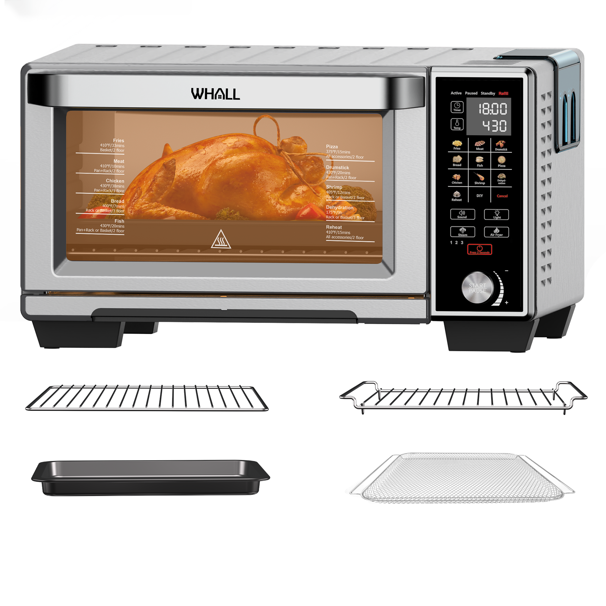 WHALL Air Fryer Oven - 30QT Stainless Steel Smart Convection Toaster Oven with Steam Function, Touchscreen,