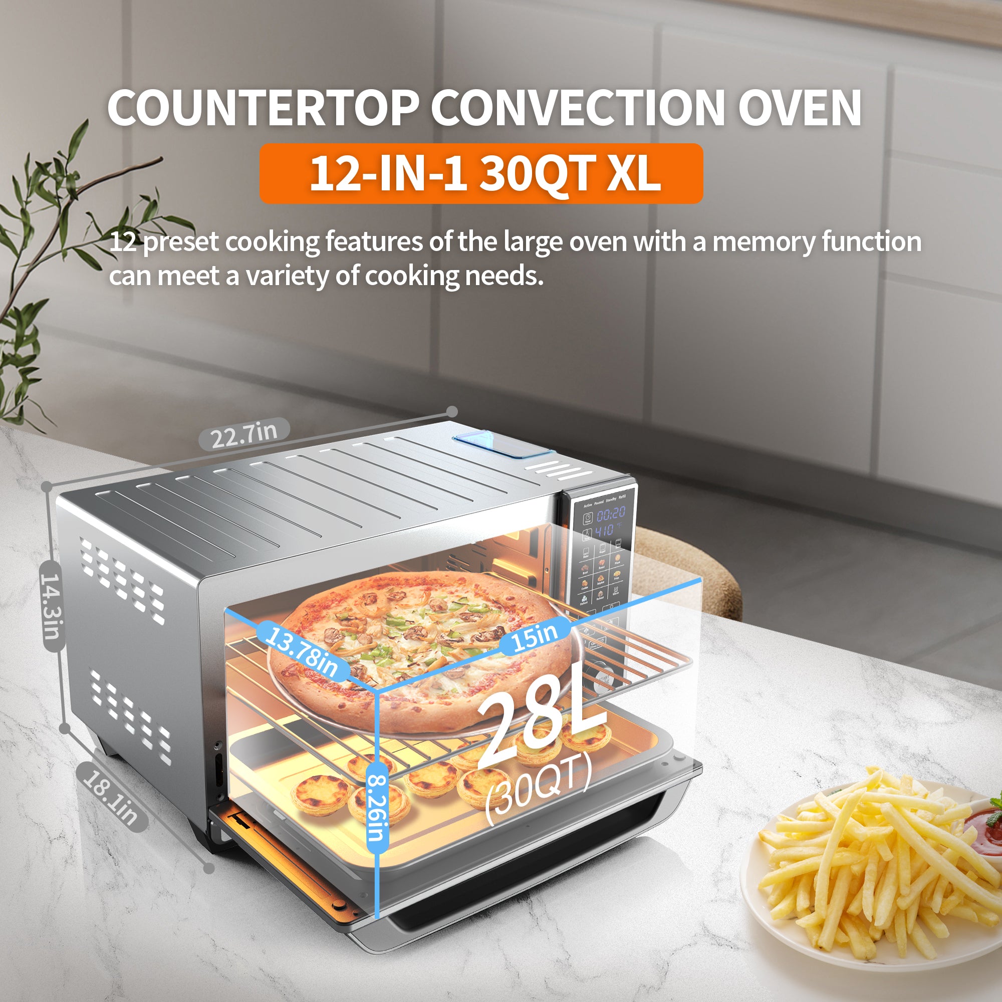 WHALL®  30QT Air Fryer Convection Oven, Steam Function, 1700W, Stainless Steel