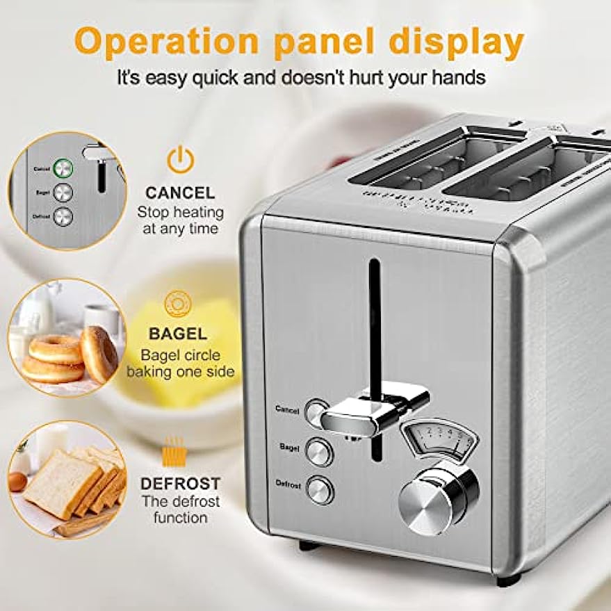 WHALL ®KST022GU Toaster 2 slice Stainless Steel Toasters with Bagel, C