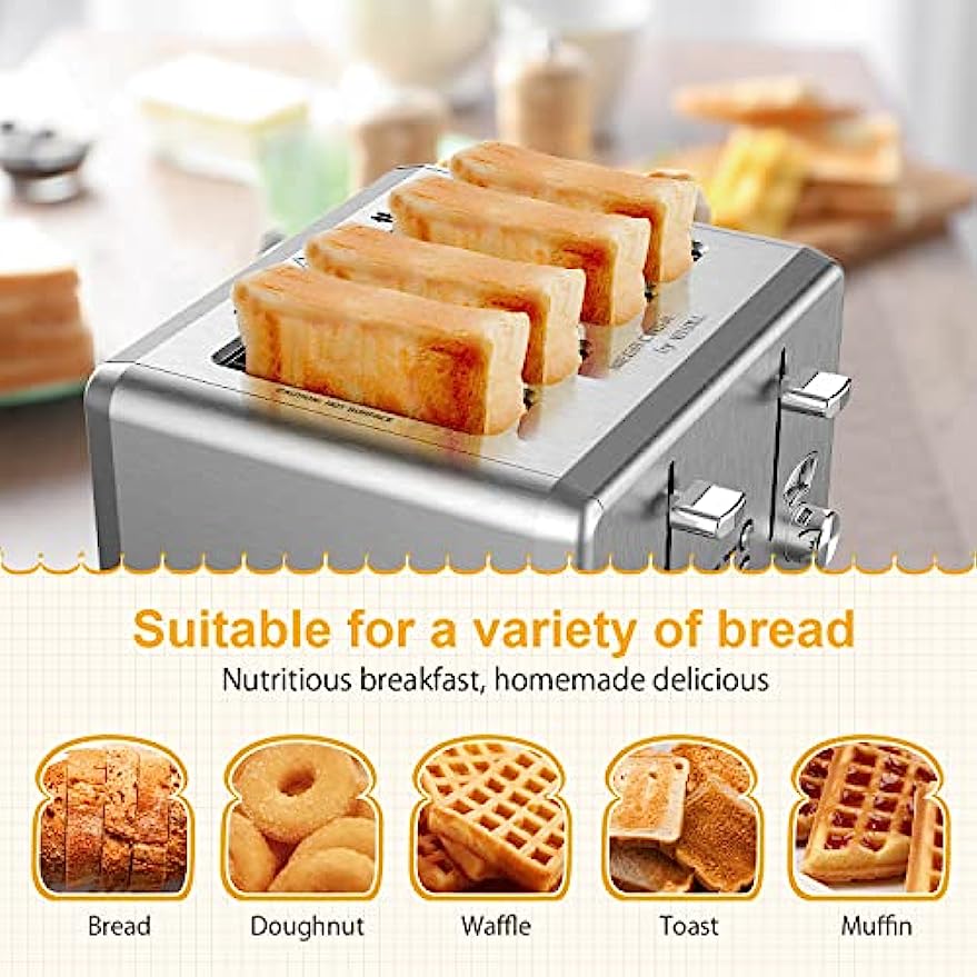 Toaster 4 Slice with Wide Slots, 2 Long Slot Toaster for Bagels Waffles and  Toast, 6 Browning Levels, Stainless Steel, Removable Tray