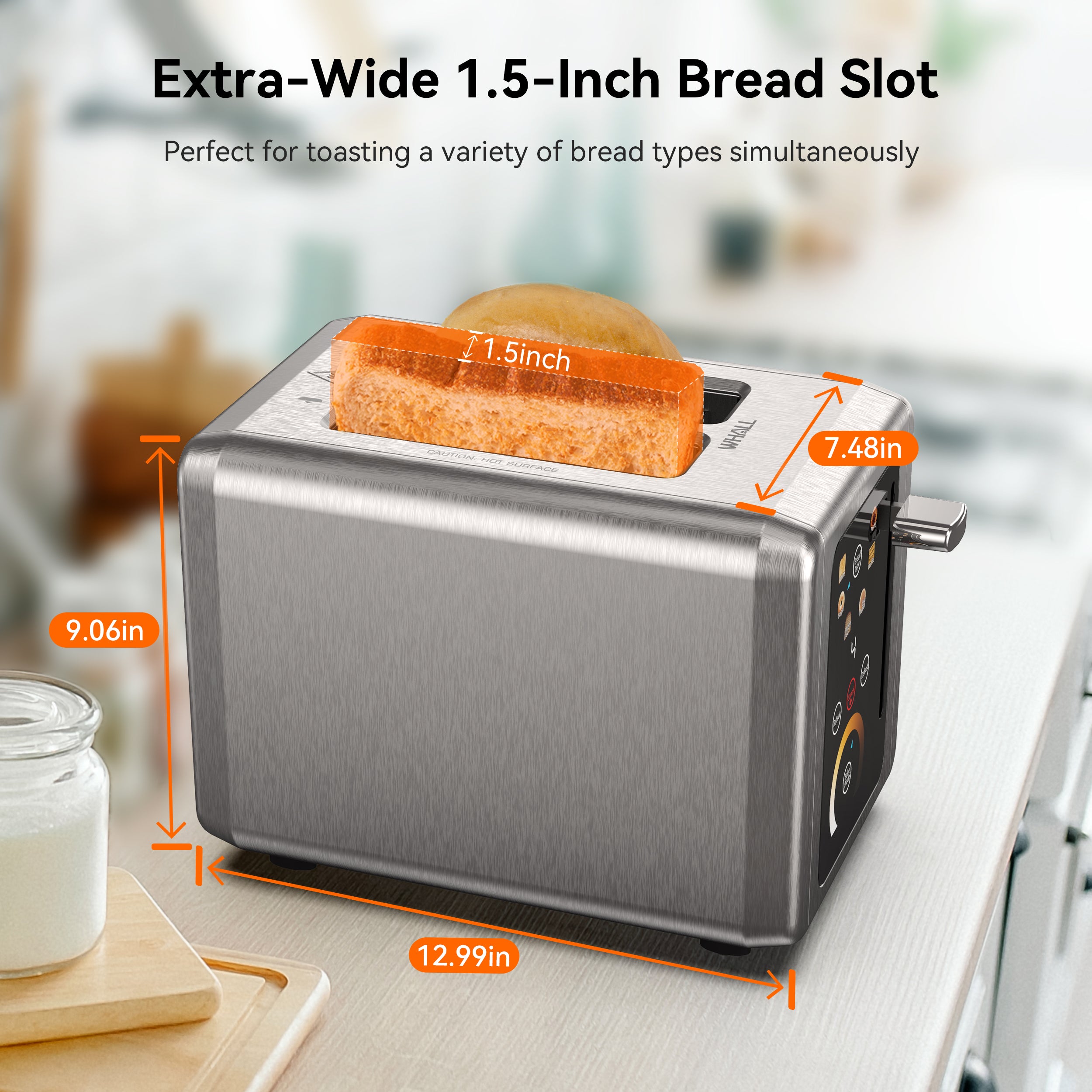 WHALL 2 Slice Touch Screen Toaster - Stainless Steel Toaster with Wide Slot, 6 Shade Settings, Bagel Function, Removable Crumb Tray