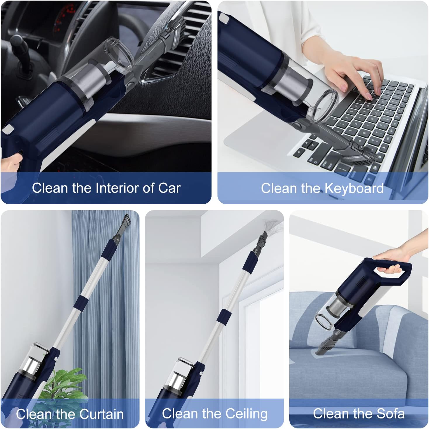 Whall® 4 in 1 Foldable 280W Brushless Handheld Lightweight Motor Cordless Stick Vacuum Blue-Silver Color