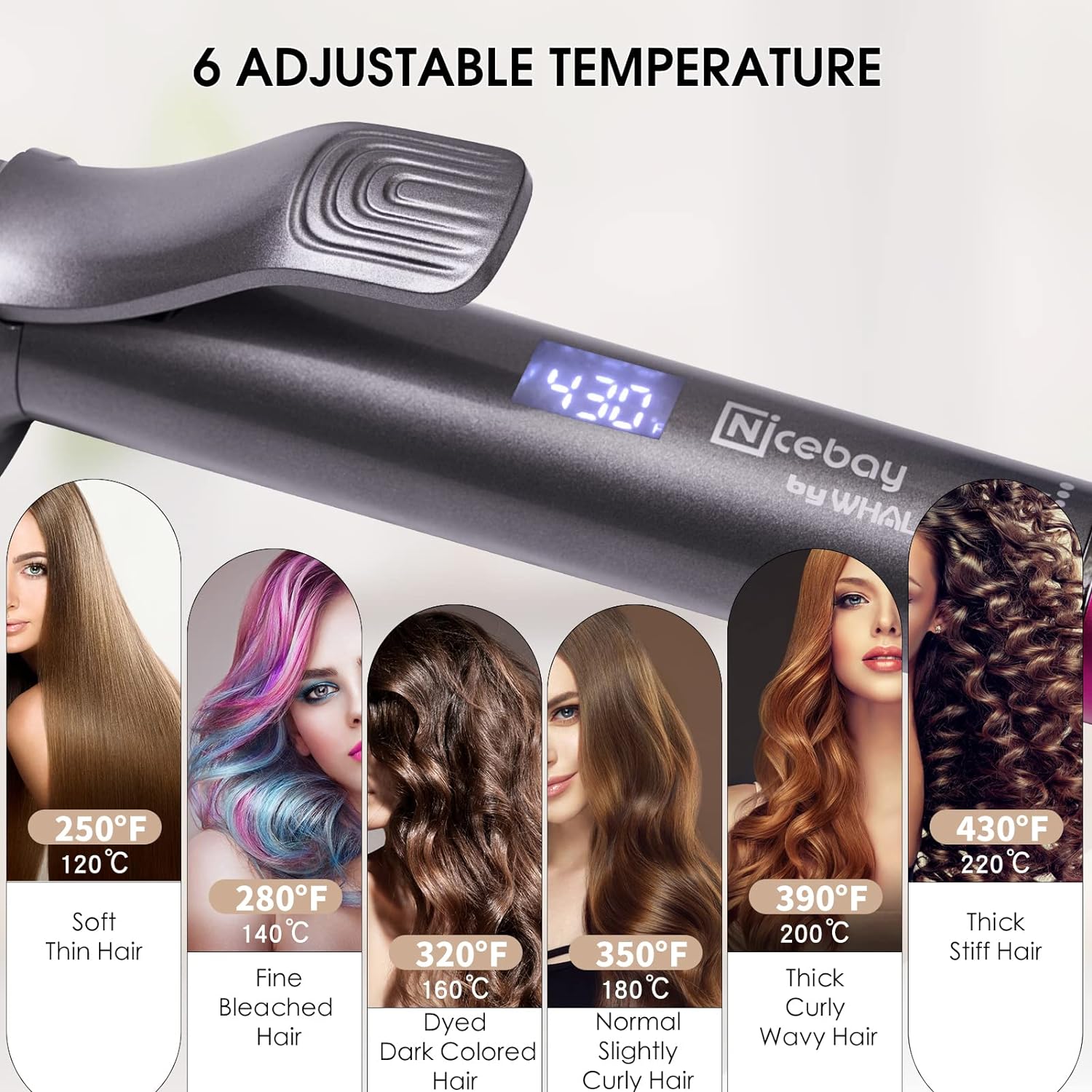 NICEBAY® DW-6010/A Curling Iron,1 1/4 Inch Hair Curling Iron with Ceramic Coating, Professional Curling Wand, Fast Heating up to 430°F, Temperature LED Display, Wide Voltage for Worldwide, 60 Mins Auto Off