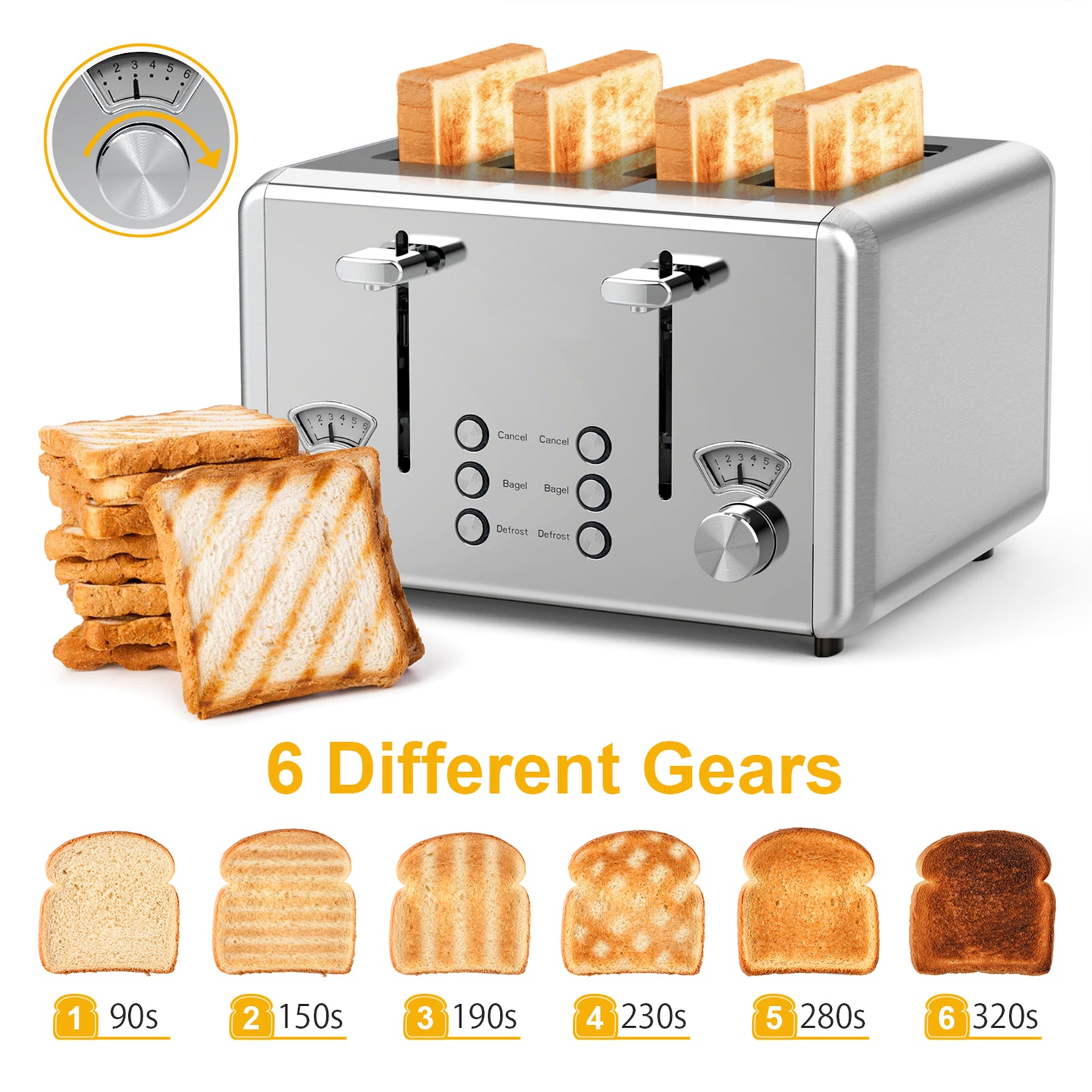 WHALL® Knob Toaster 4 Slice | Stainless Steel, Digital Timer, Sound | 6 Bread Types & Shades