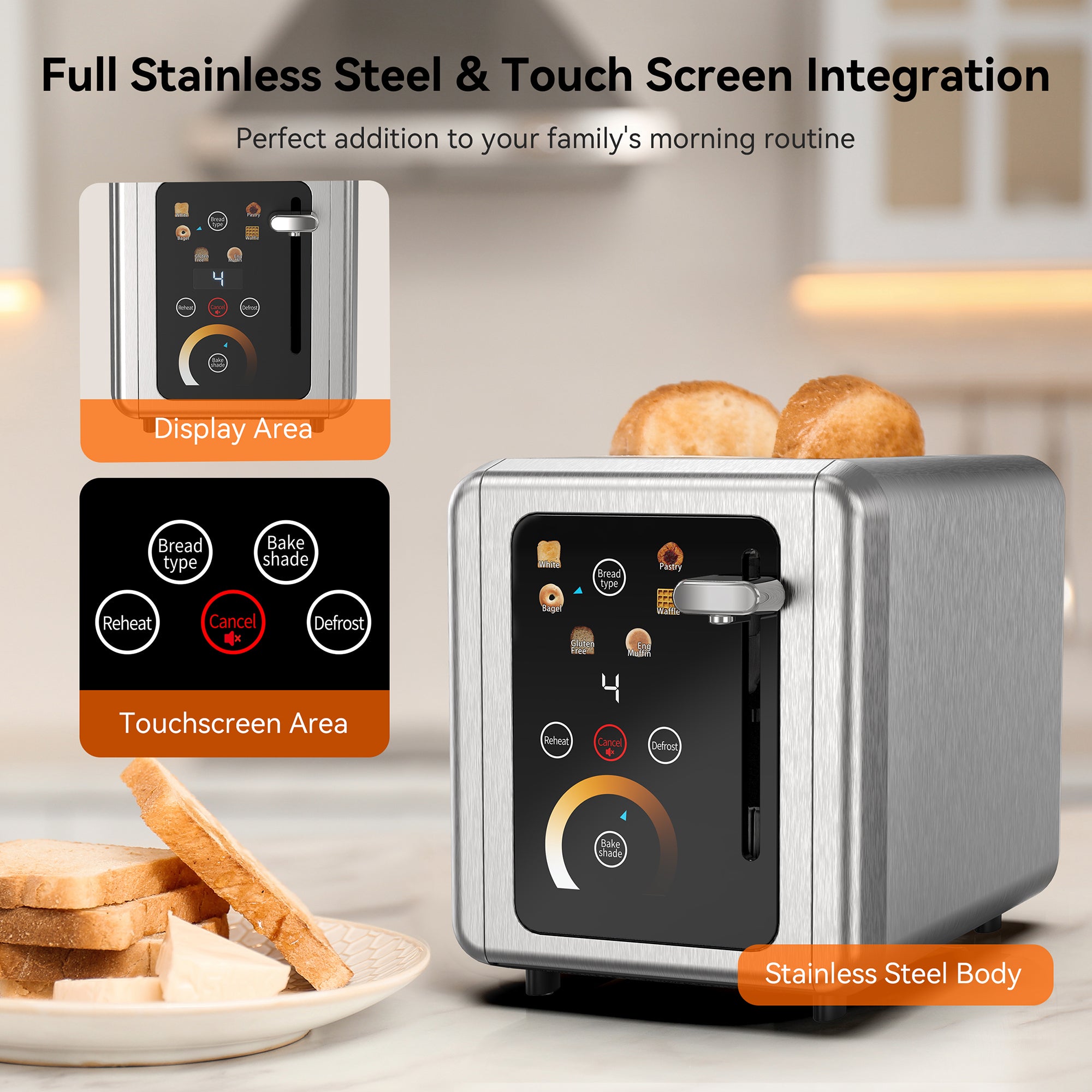 WHALL 2 Slice Touch Screen Toaster - Stainless Steel Toaster with Wide Slot, 6 Shade Settings, Bagel Function, Removable Crumb Tray