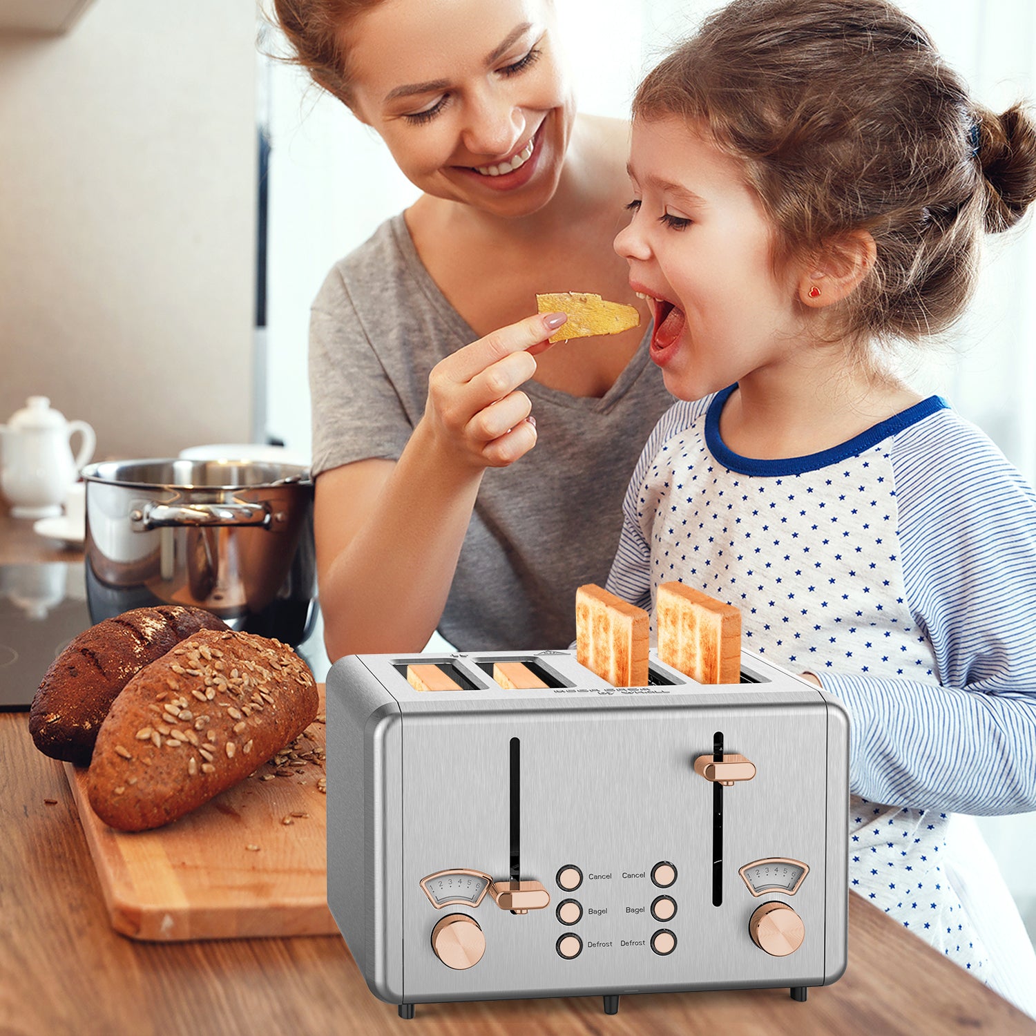 Whall 4 Slice Toaster Stainless Steel Bagel Toaster with Dual Control Panels Wide Slot 6 Shade Settings Removable Crumb Tray