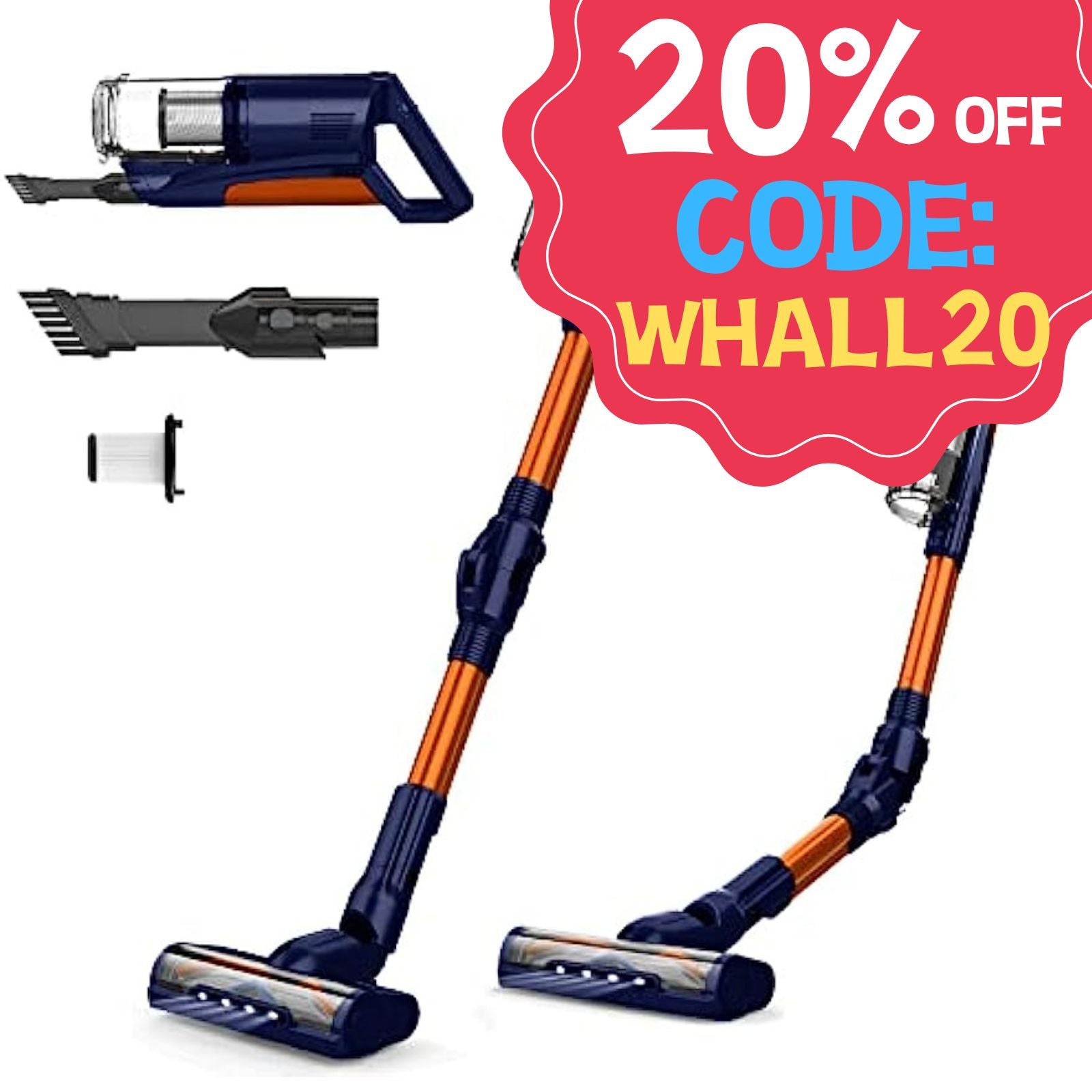 WHALL® Cordless Vacuum Cleaner, 25kPa Suction 4 in 1 Cordless Stick Vacuum Cleaner,280W Brushless Motor 55 Mins Runtime