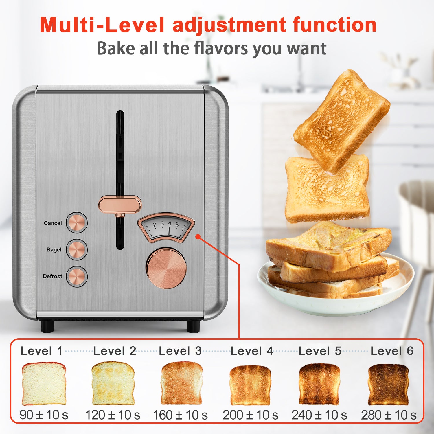 WHALL® 2 Slice Toaster - Stainless Steel Toaster with Wide Slot, 6 Shade Settings, Bagel Function, Removable Crumb Tray