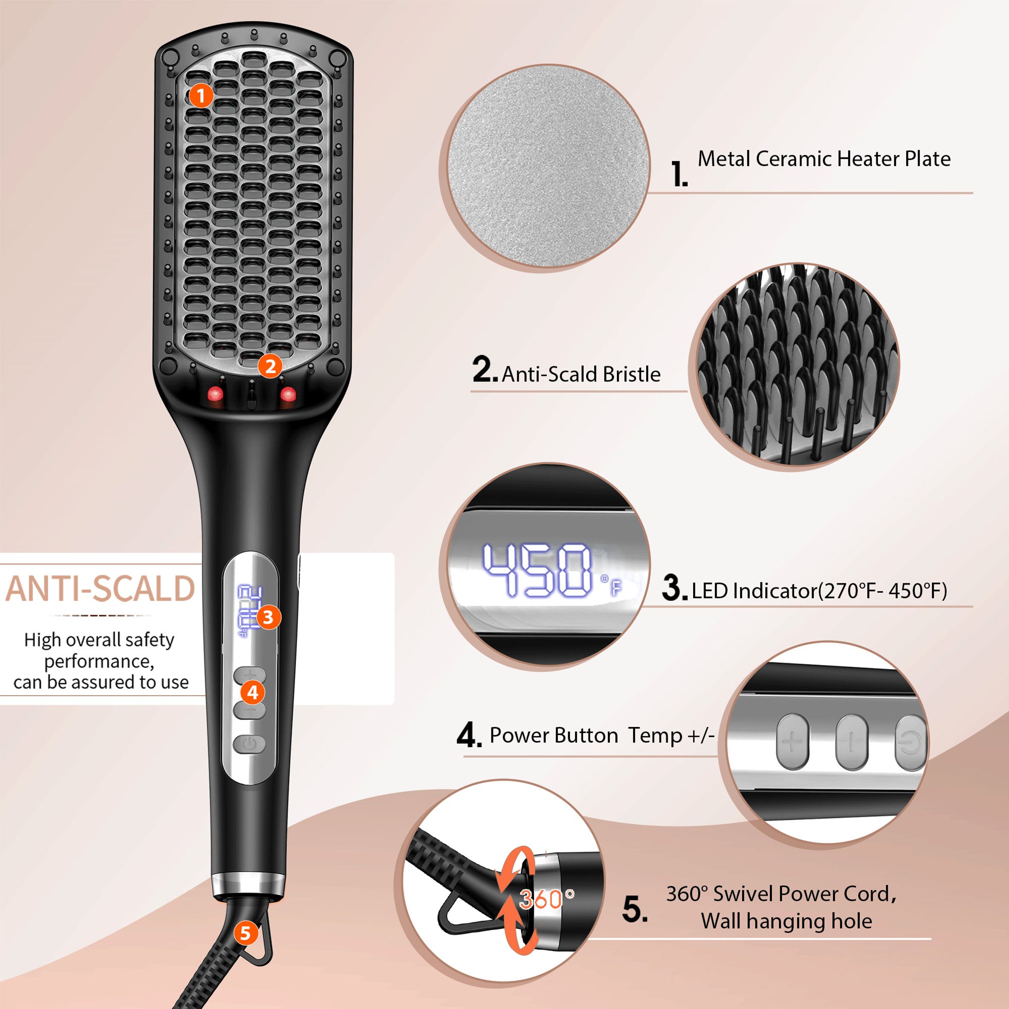 SKIMI Hair Straightening Brush, Ionic Hair Straightener Comb, LED Display, Ceramic Coating