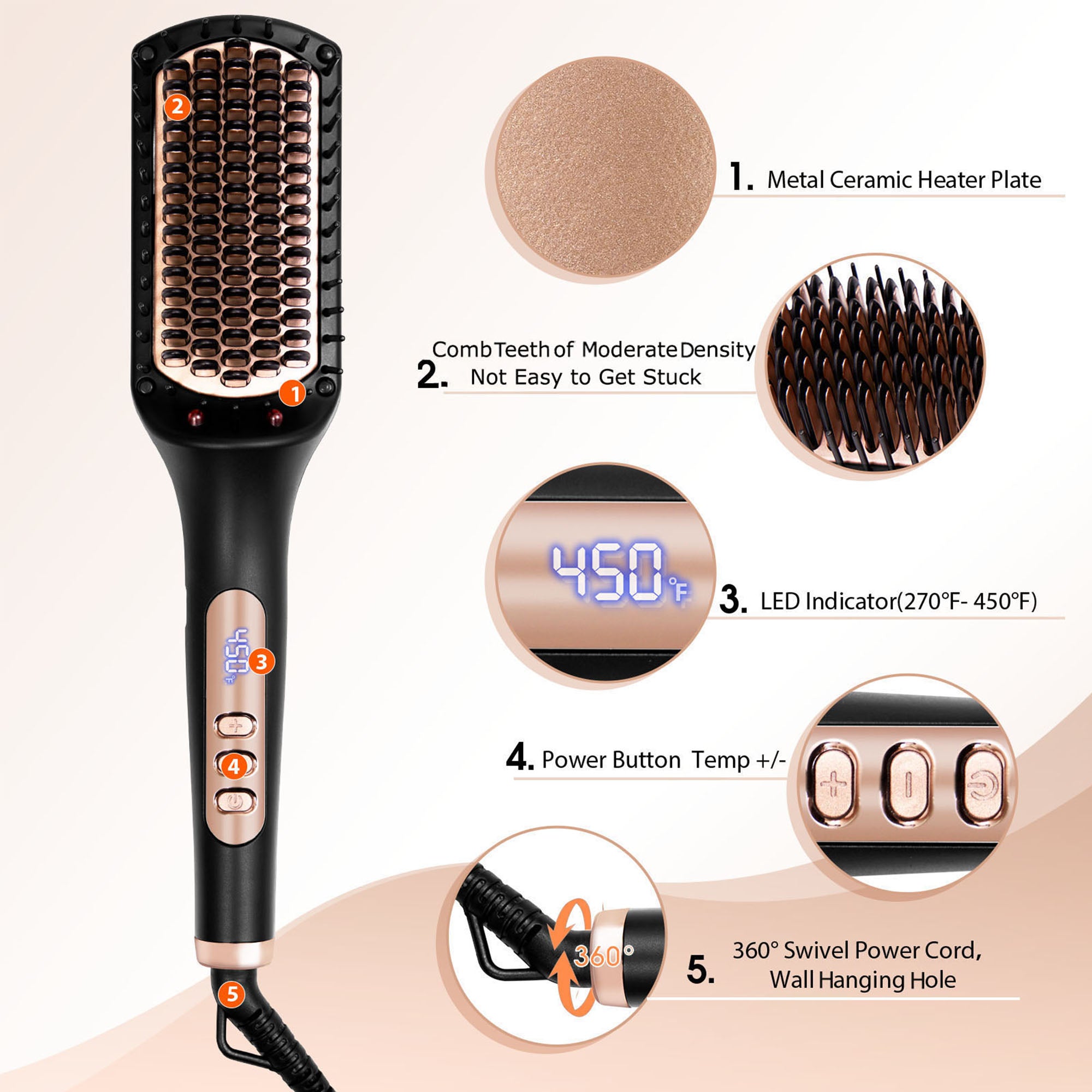 Nicebay Hair Straightening Brush, Gold Ionic Hair Straightener Comb, Ceramic Coating