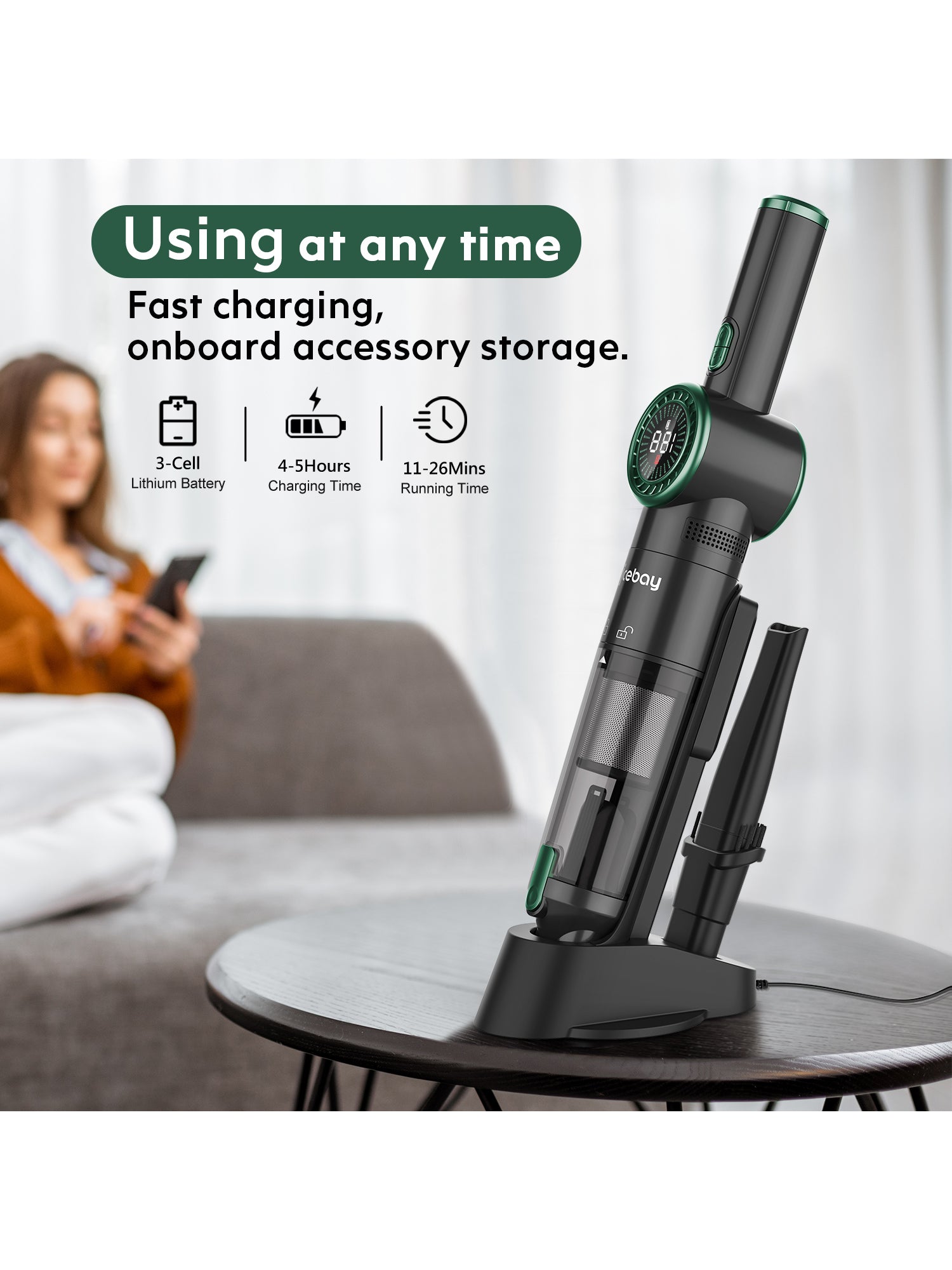 WHALL® Handheld Cordless Vacuum, 15KPA Portable Vacuum, LED Display, Fast Charge, Lightweight (New)