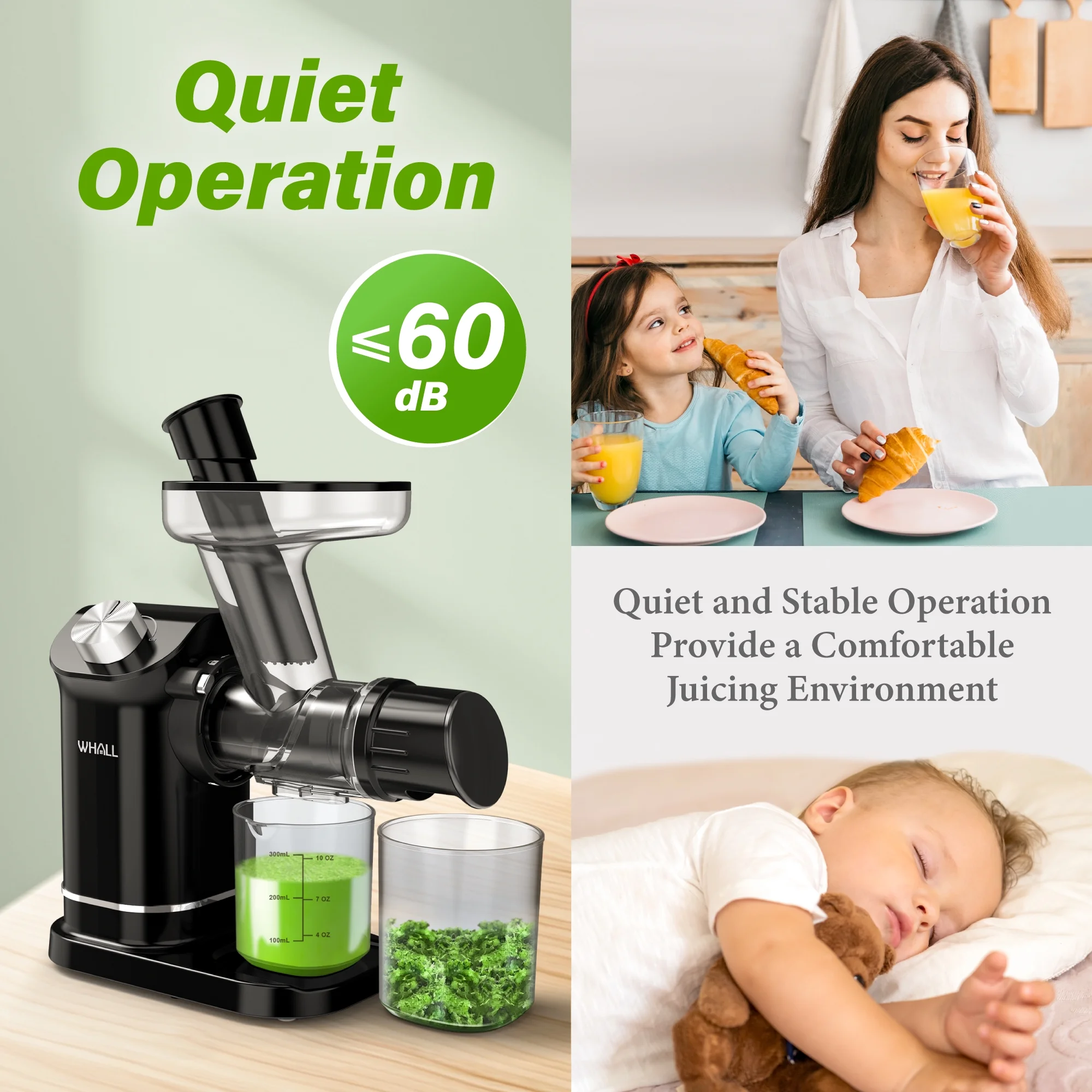 WHALL Cold Press Juicer, Masticating Juicer Vegetable and Fruit, Juicers with Quiet Motor & Reverse Function, Easy to Clean with Brush