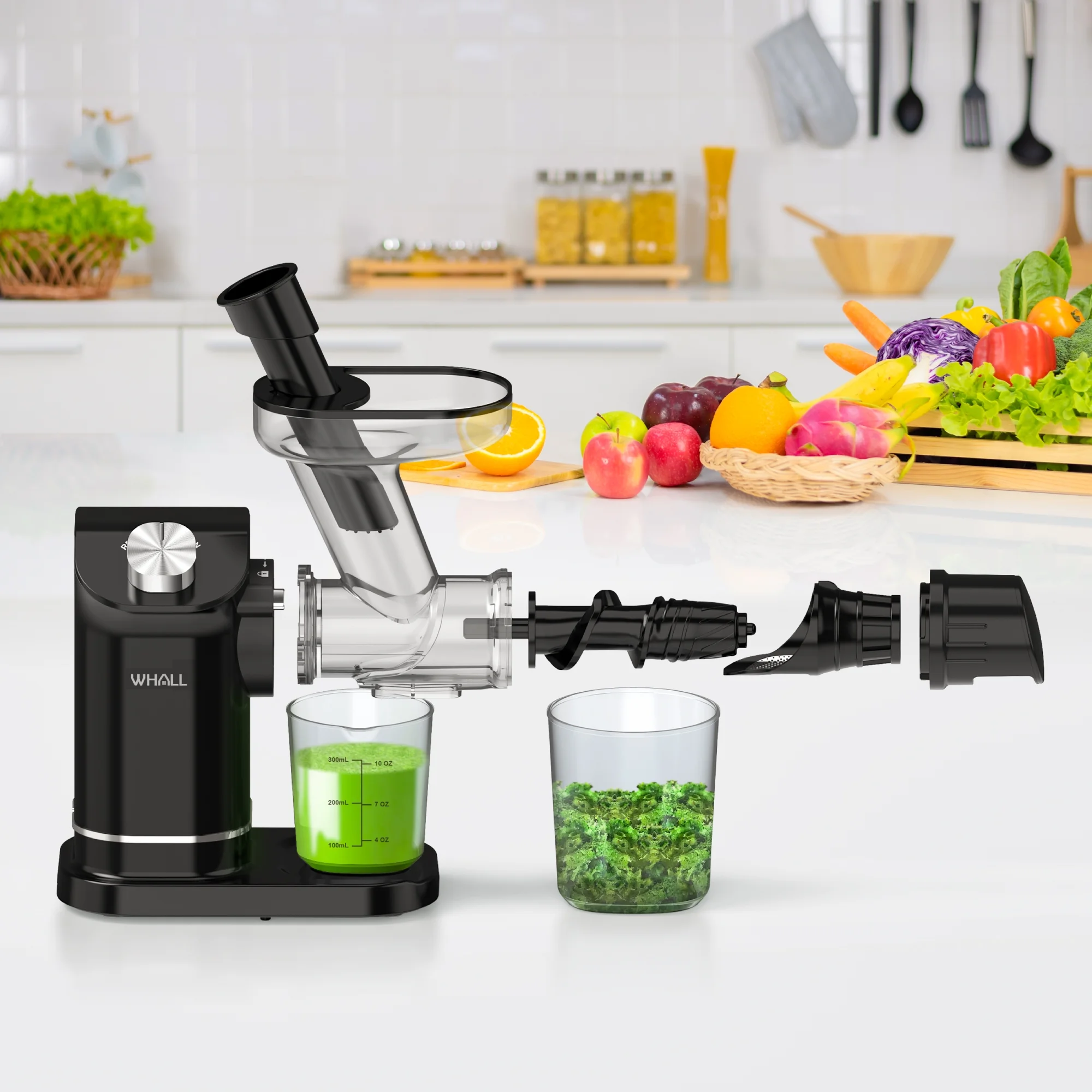 WHALL Cold Press Juicer, Masticating Juicer Vegetable and Fruit, Juicers with Quiet Motor & Reverse Function, Easy to Clean with Brush